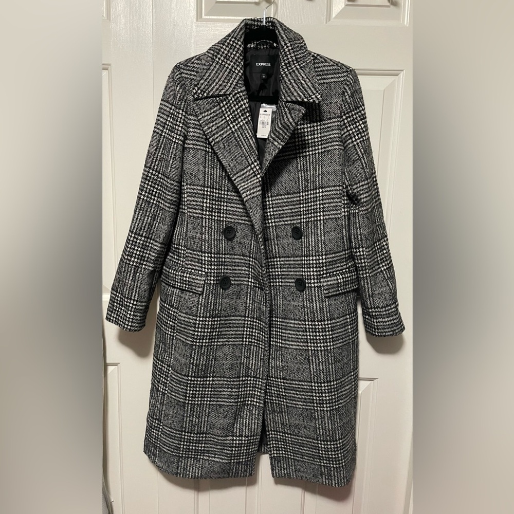 Express Women's Black and White Plaid Long Coat